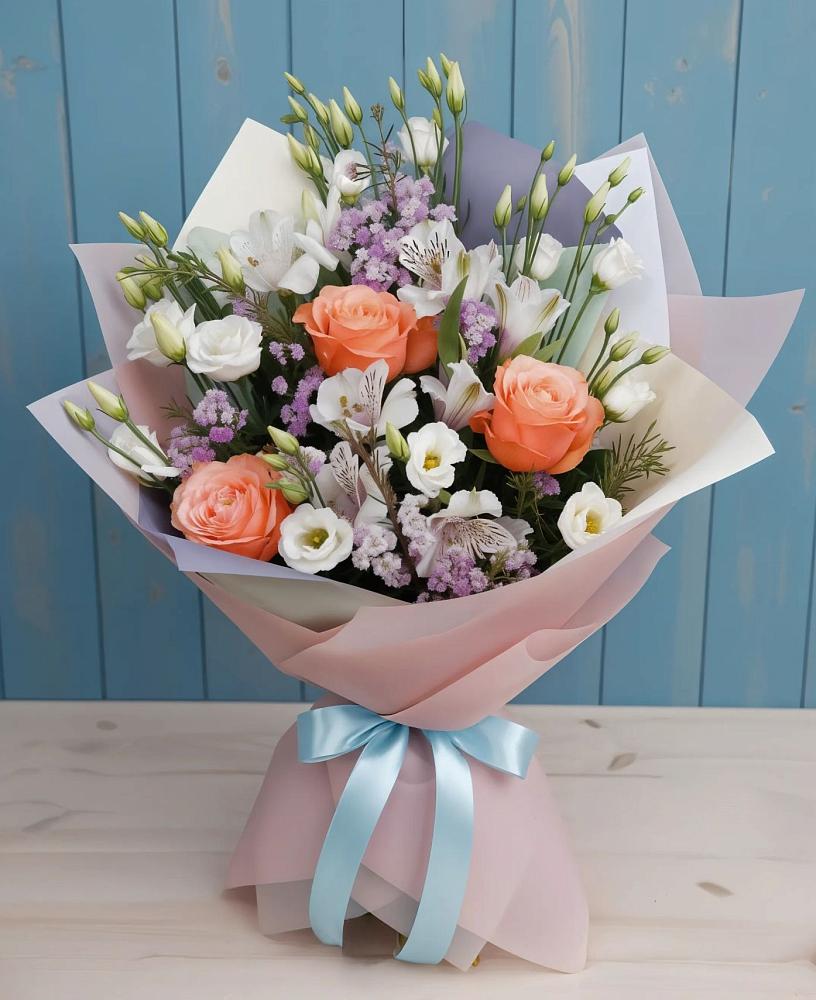 Букет цветов из: Лизиантусы, Розы, Альстромерии и Гипсофила в Богдановке