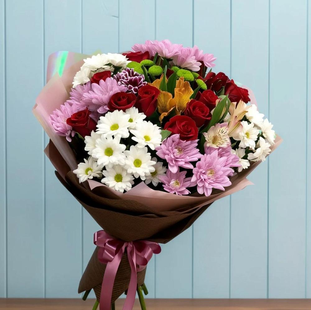 Букет цветов из: Розы, Хризантемы и Альстромерии в Богдановке