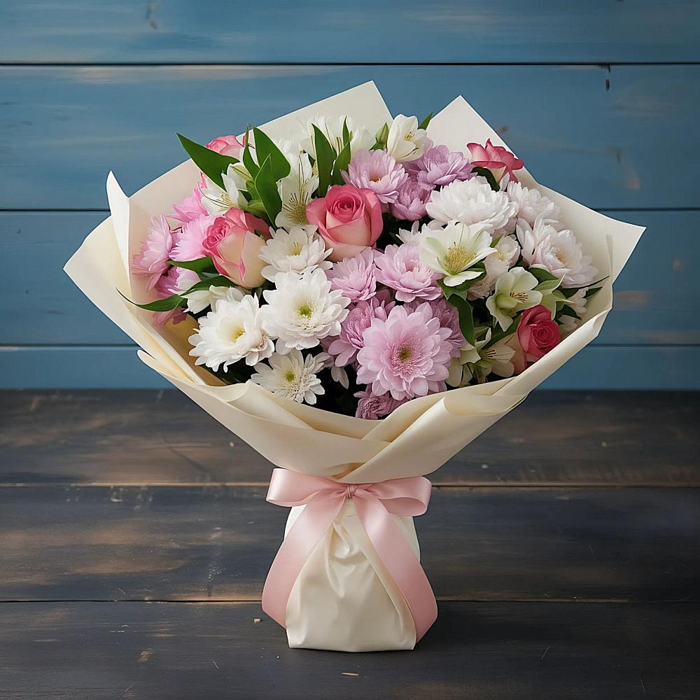 Букет цветов из: Хризантемы, Альстромерии и Розы в Богдановке